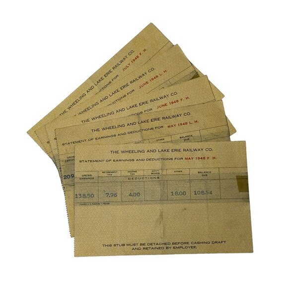 Lot of 5 Wheeling Lake Erie Railway Company 1940s  Employee Earning Pay Stub u - Picture 1 of 6
